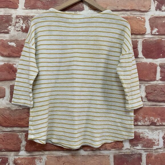 J Jill Top Shirt Women's Small White Yellow Striped Terry Casual Popover Blouse - Picture 4 of 8